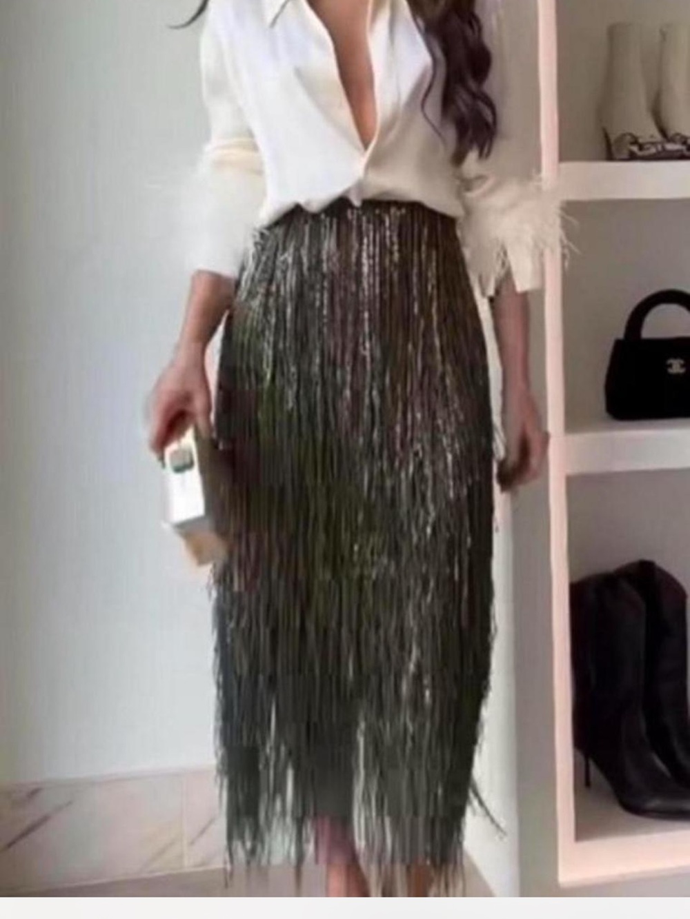 Zara Black Metallic Fringe Midi Skirt